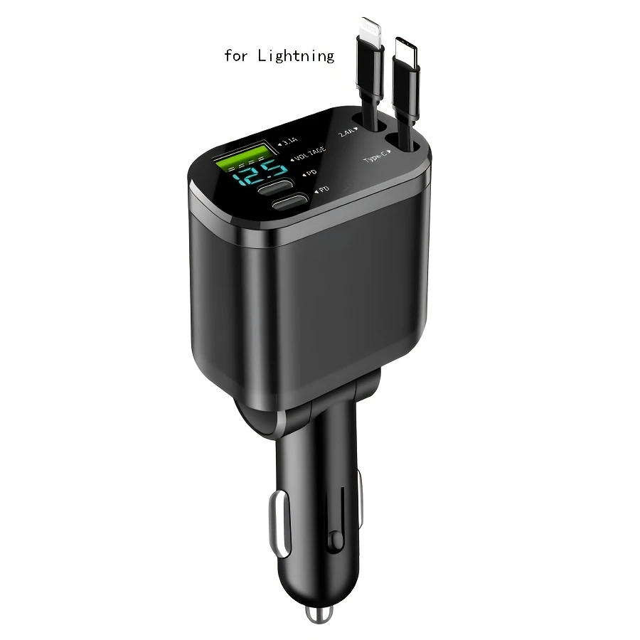 Car Charger 5-in-1 Retractable Car Phone Charger with Retractable Cable Suitable for iPhone and USB Car Charger, Compatible with Galaxy